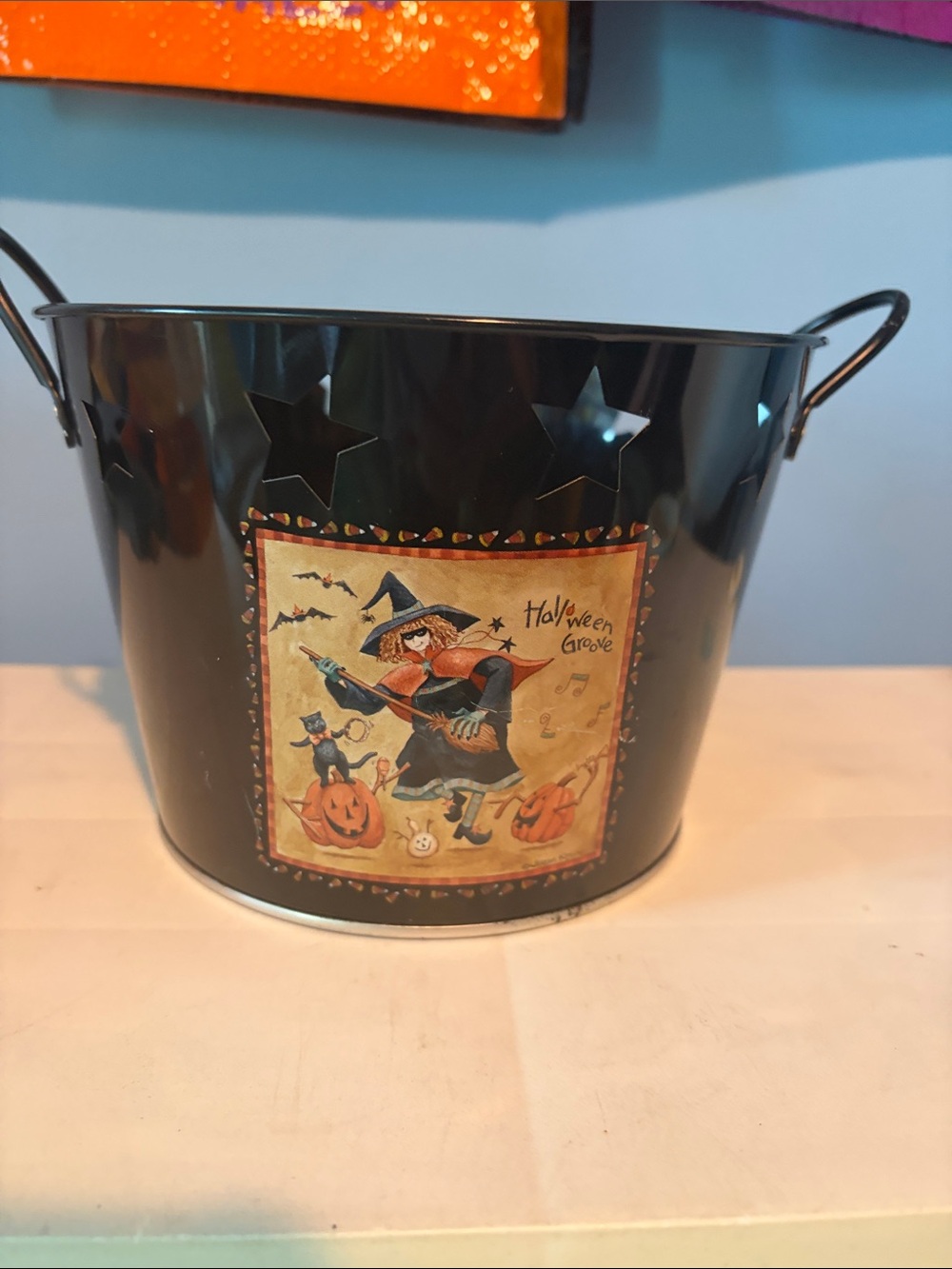 Vintage Halloween Witch Decorative Bucket with stars